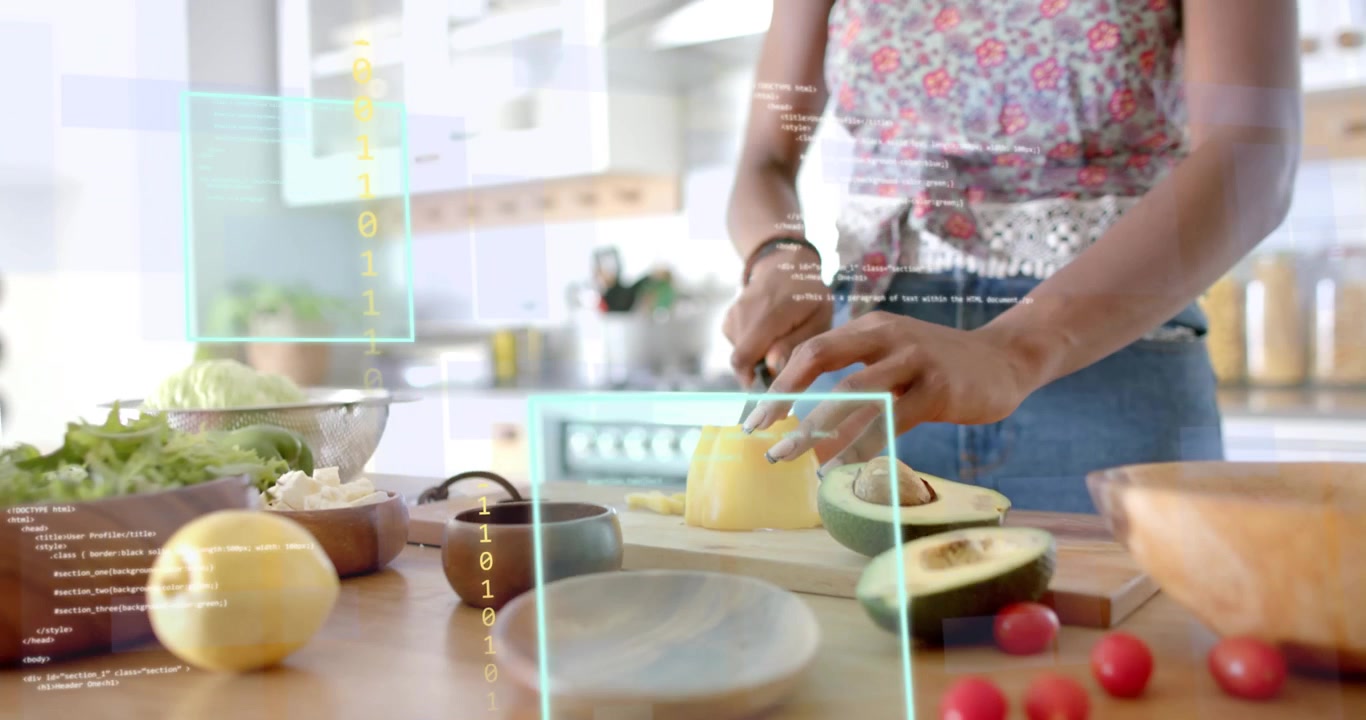 Cook placing halved yellow pepper and slicing strips with floating overlays showing cooking process