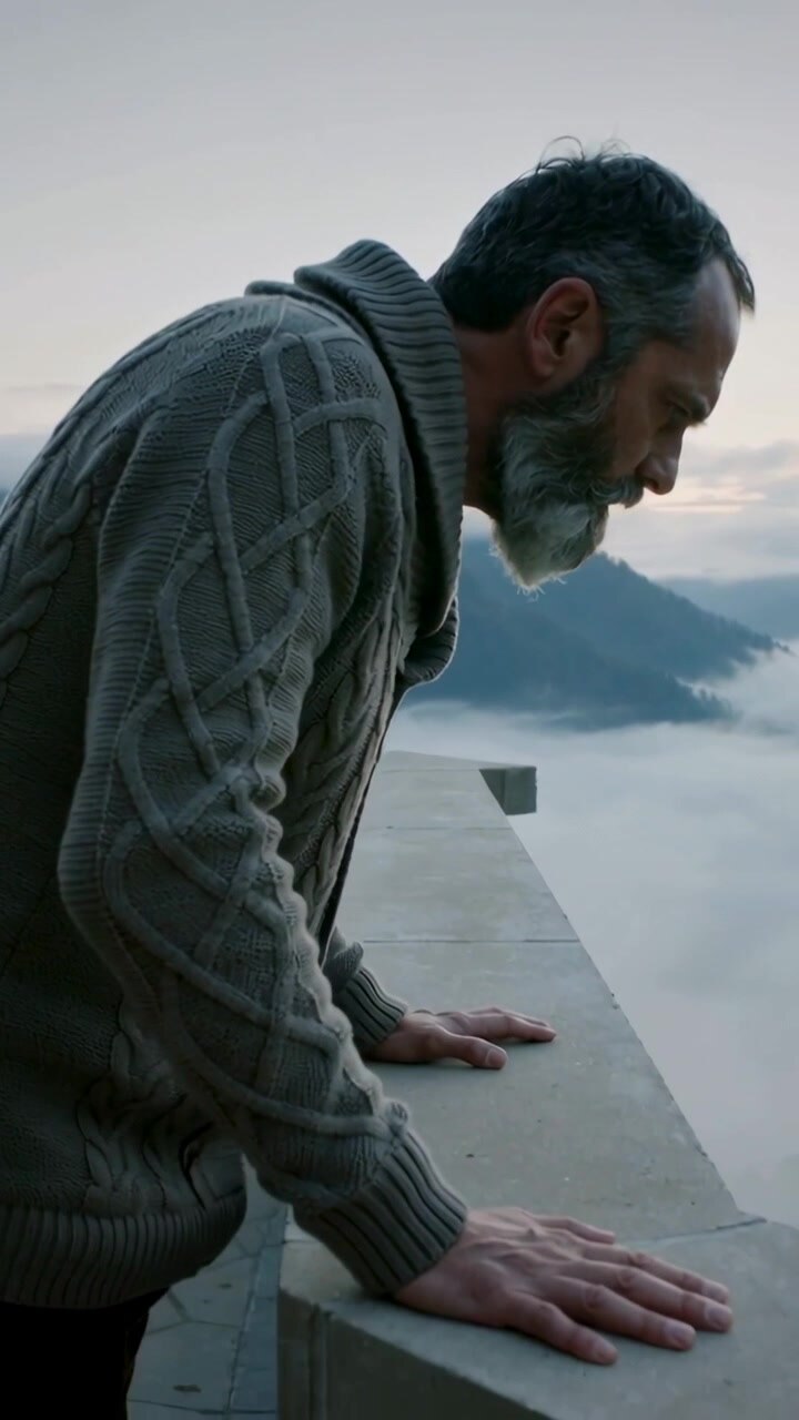 Video verticale: Un uomo anziano appoggiato al parapetto all'alba, scrutando la cresta nebbiosa, con un maglione.