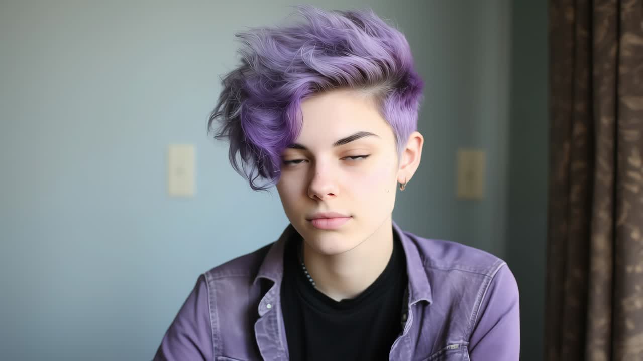 Portrait featuring a young person with an androgynous look and vibrant purple hair, exuding confidence while dressed in casual clothing. Embracing individuality and modern style