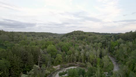 Winding-River-in-dense-Evergreen-Forest-Valley-with-cloudy-skies,-landscape-Drone-fly-over