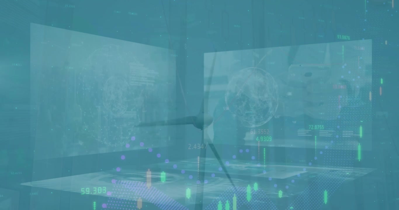 Animation of multiple graphs and globes over windmill spinning against clear sky