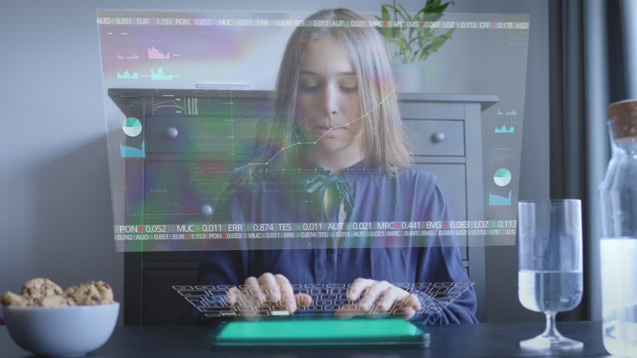 Woman at hologram tablet screen typing on digital keyboard looking at graphs, tables and stockmarket price trends