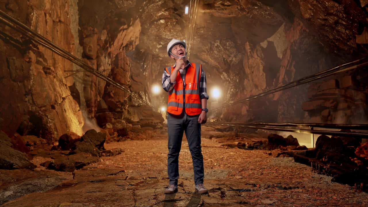 Full Body Of Asian Male Engineer With Safety Helmet Thinking And Looking Around Then Raising His Index Finger While Standing In Underground Mine Tunnel