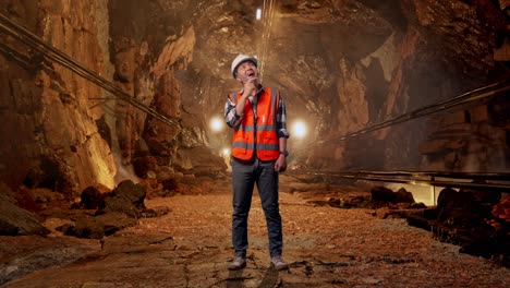 full body of asian male engineer with safety helmet thinking and looking around then raising his index finger while standing in underground mine tunnel