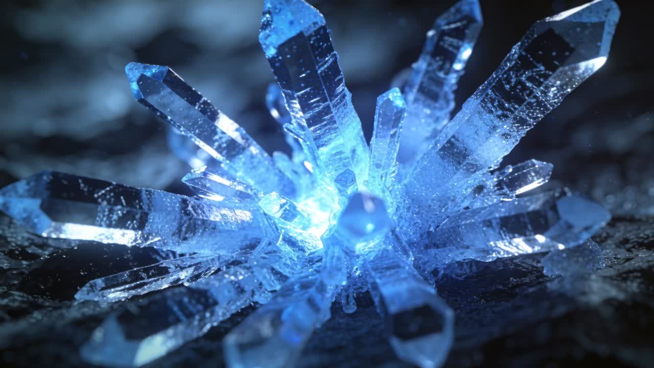 Raggi blu convergenti che colpiscono un gruppo di cristalli prismatici trasparenti su una roccia scura, causandone una luminescenza interna