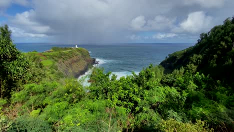 wide shot of kilauea lighthouse at kauai's north shore with lots of green and crashing waves