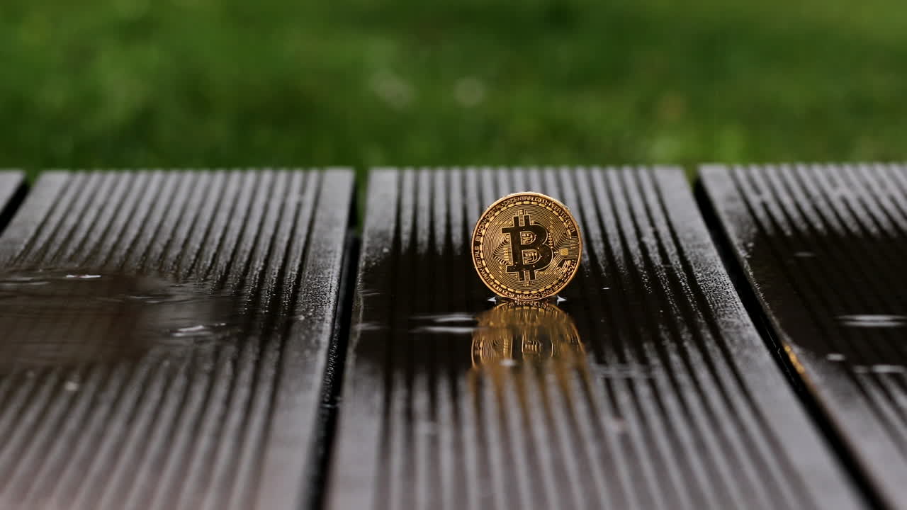 una moneda de bitcoin se encuentra bajo la lluvia