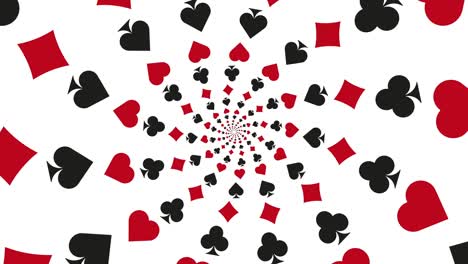 white animated background with playing card symbols. diamonds, clubs, hearts, and spades in simple motion graphic spiral