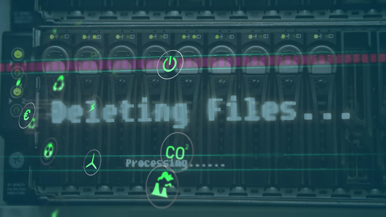 Animation of eco icons and data processing over computer servers