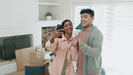 couple, new home and video call for moving update