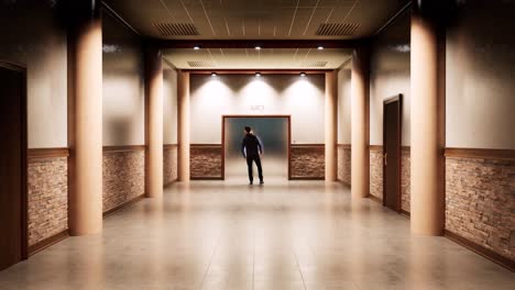 a modern hallway corridor with elegant lighting, smooth tiled flooring , walls with stone, wooden trims and doors, and a man idle infront of an elevator at the far end