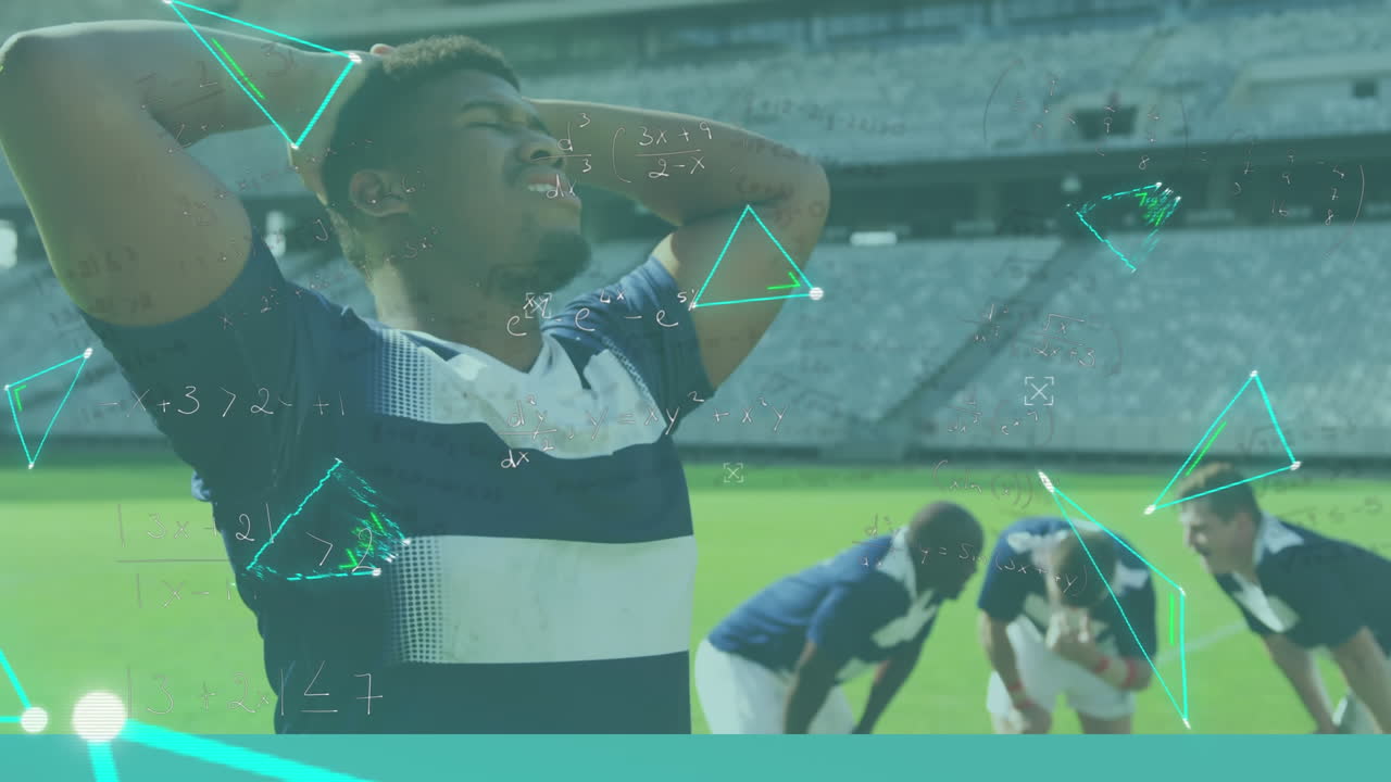 녹색 삼각형과 방정식은 디지털 장면에서 다양한 럭비 팀 위에 떠 있습니다.