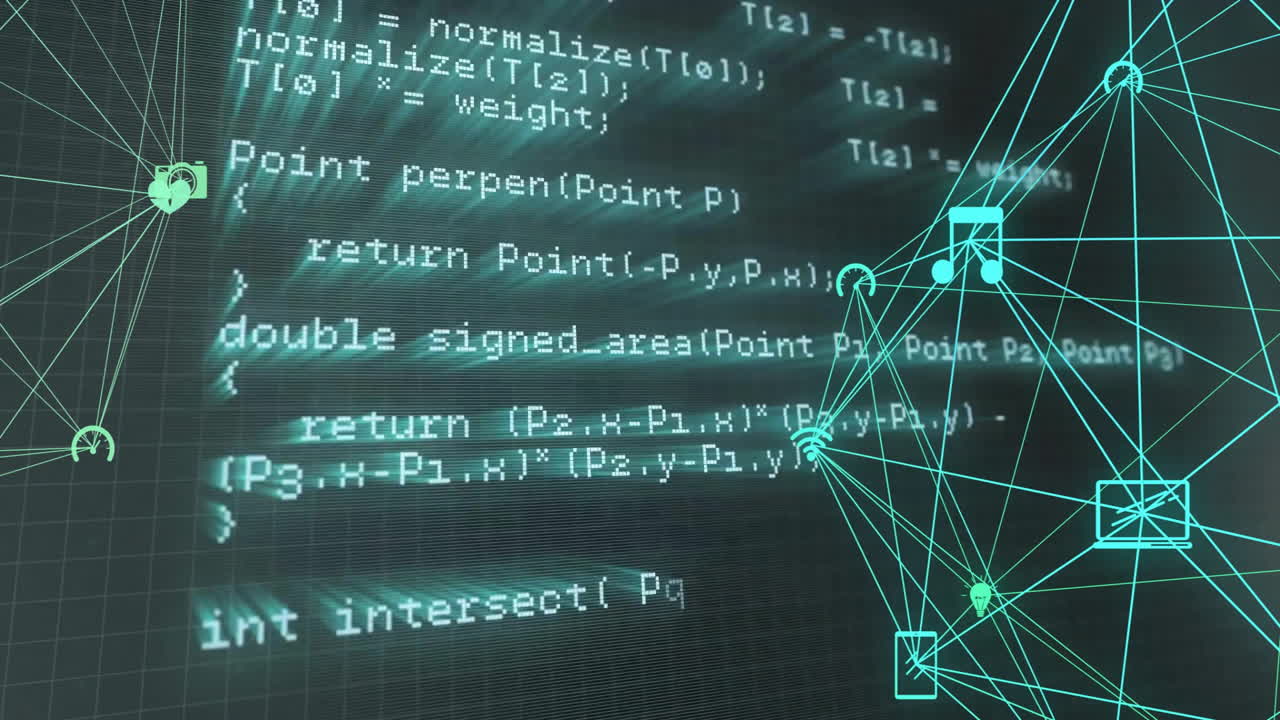 Animation of network of connections with icons over data processing on black background