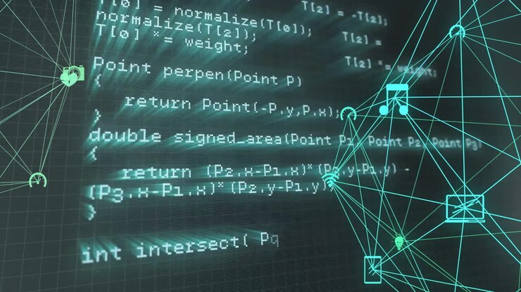 Animatie van een netwerk van verbindingen met iconen over gegevensverwerking op een zwarte achtergrond