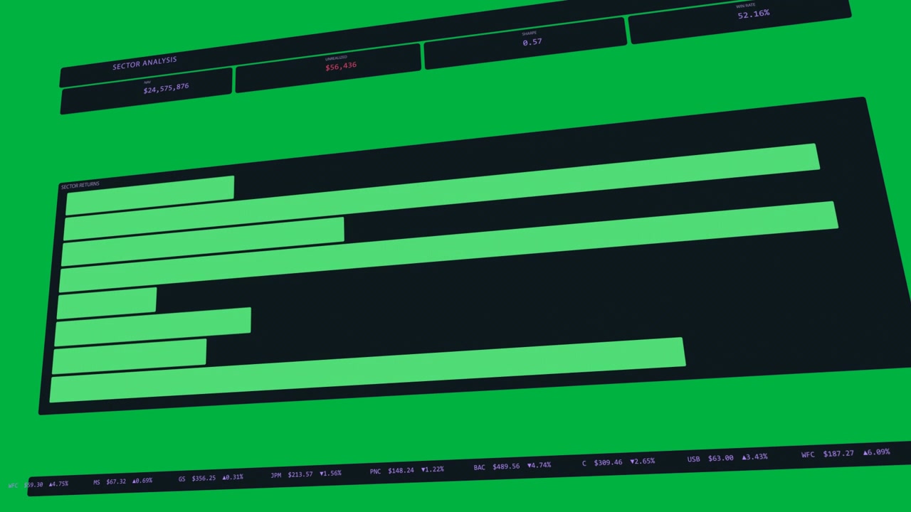 Auto cam starting, chart sliding tilting to focus mint-green bars on transparent background