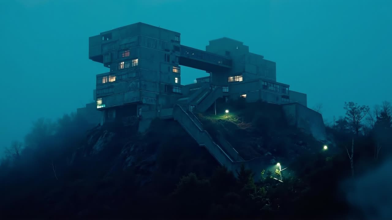 A building on top of a hill at night