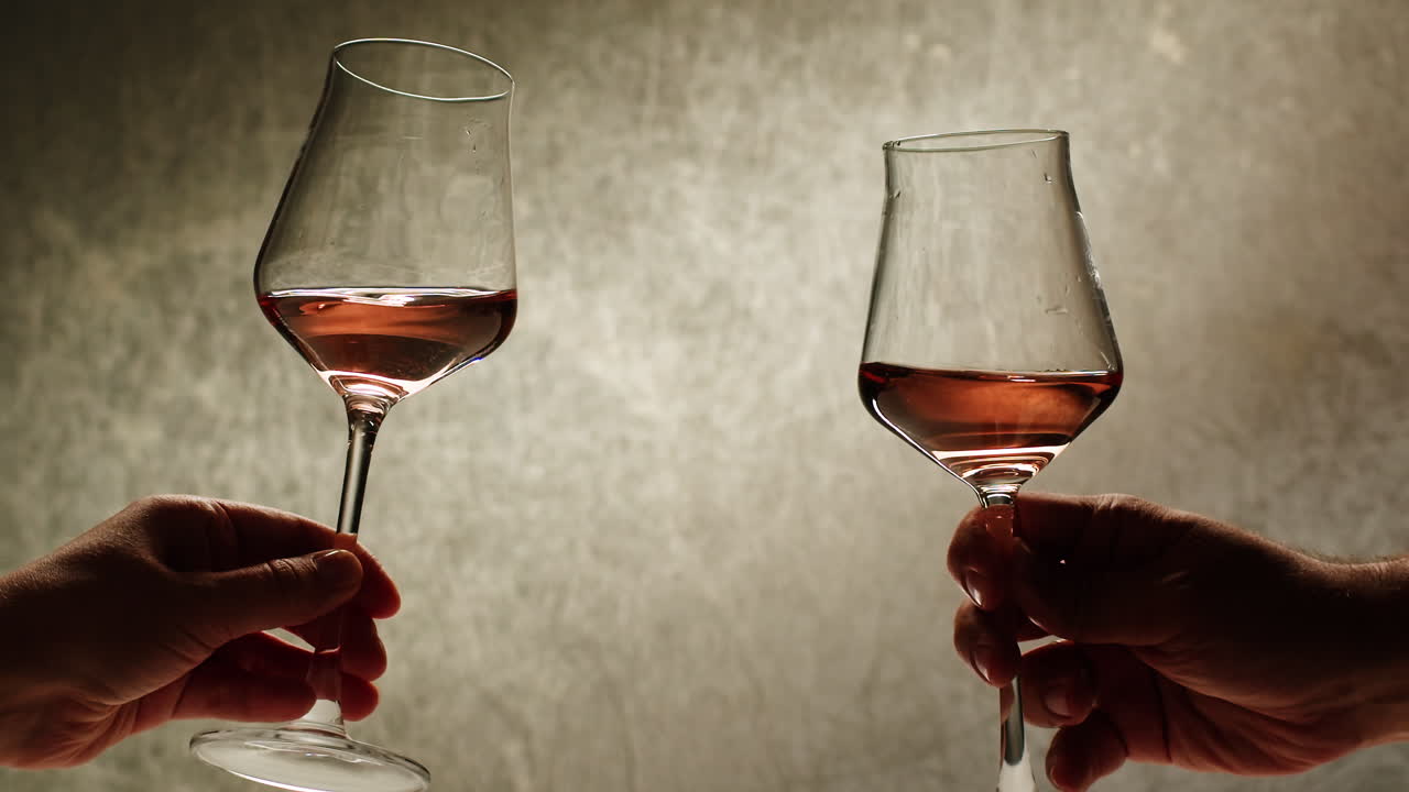 Rose Orange or white wine bottle and glass against a sunset in a peaceful vineyard, pouring of ecological natural wine. Cheers, hands with wine glasses, drinking alcohol.