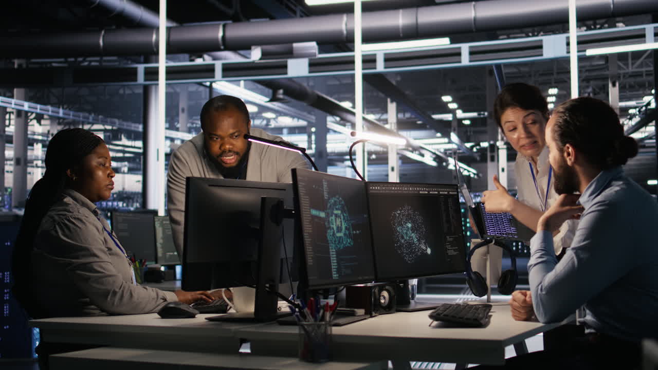 Vertical video Programmers doing brainstorming in server room, reviewing AI code
