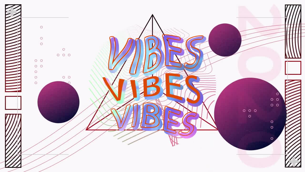 VIBES text animation over geometric shapes and purple spheres