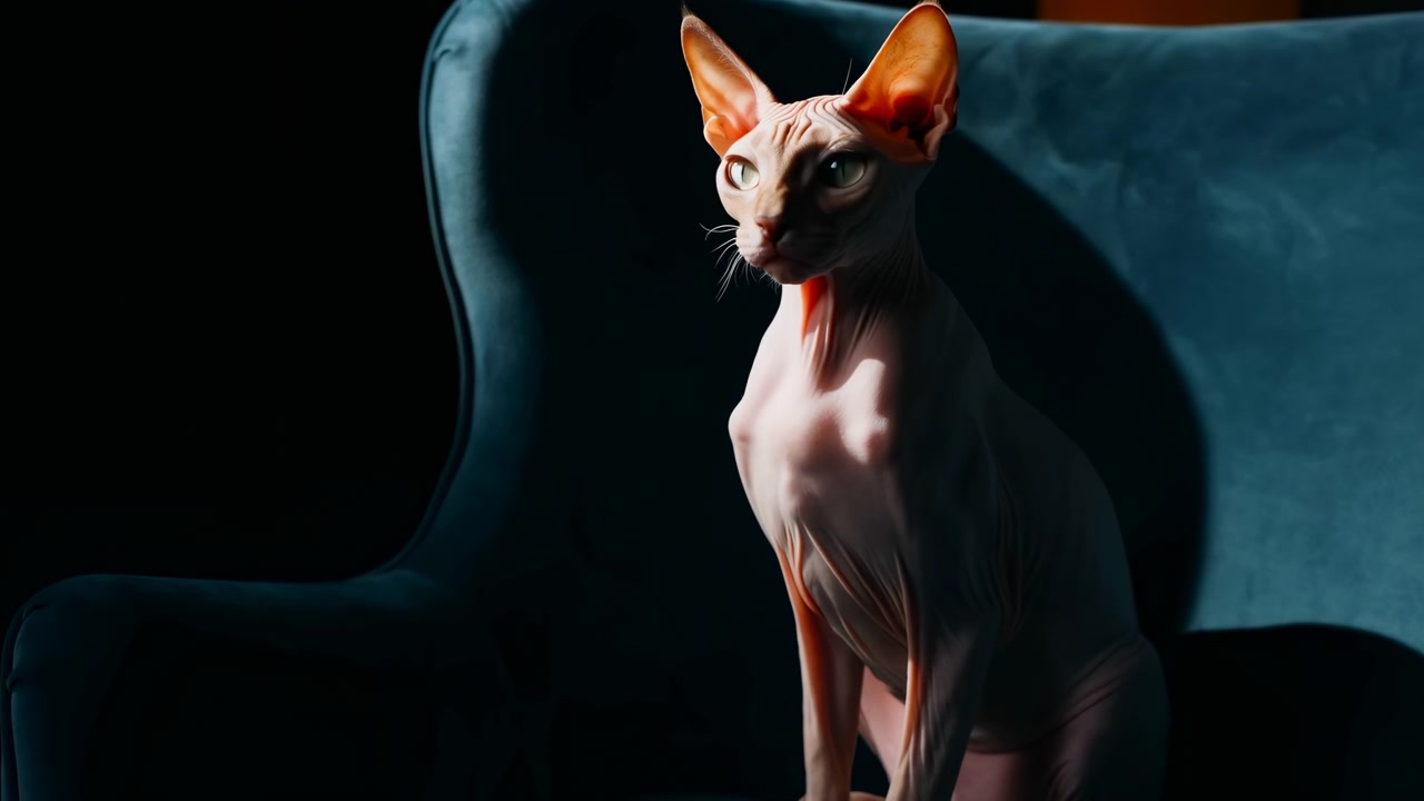 Gato Sphynx em poltrona de veludo banhado por iluminação lateral dramática, com postura de modelo de estúdio e orelhas alertas