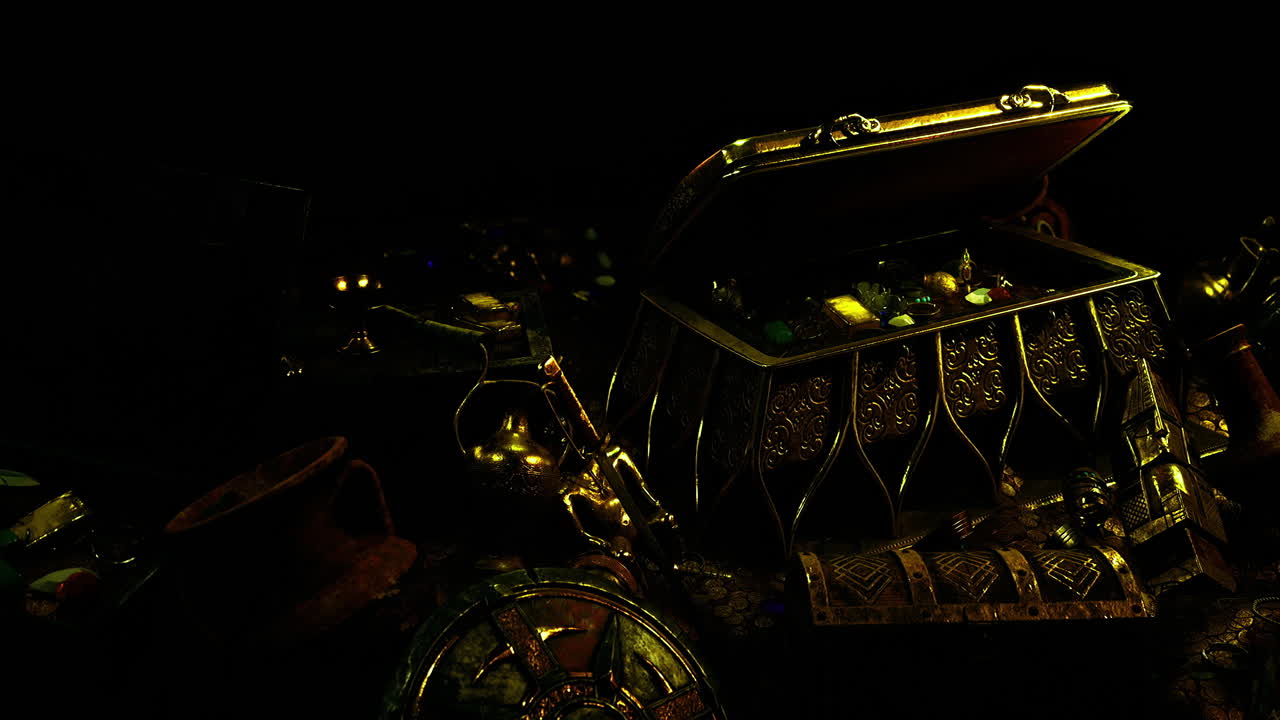 Hidden treasures lie within an ancient chest illuminated by soft light