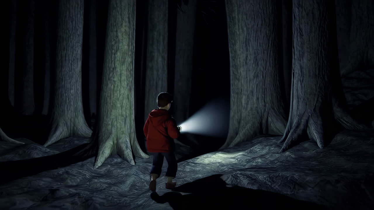 Boy exploring a dark forest with a flashlight