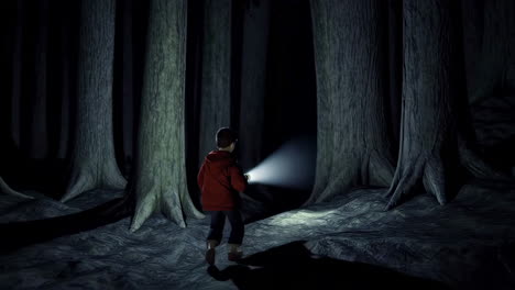 boy exploring a dark forest with a flashlight