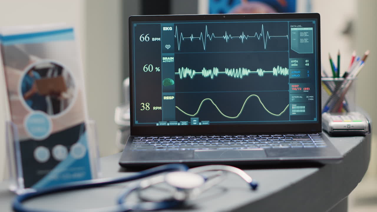 Heartbeat on laptop at empty front desk