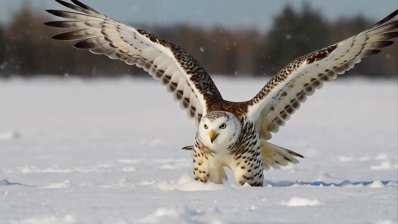 Snowy Owl Spreading Its Wings to Land on a Winter Field