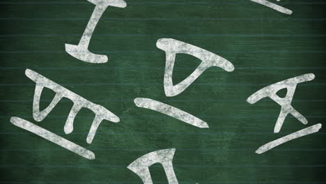 animación digital de múltiples iconos de conceptos escolares contra ecuaciones matemáticas en la pizarra
