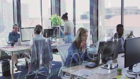 animation of icons and data processing over diverse business people in office