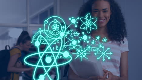 Animation-of-equations-and-atomic-structures-over-happy-biracial-female-student-in-school-corridor