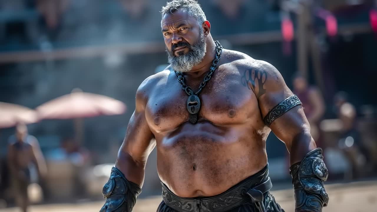 A shirtless man with a beard and a chain around his neck