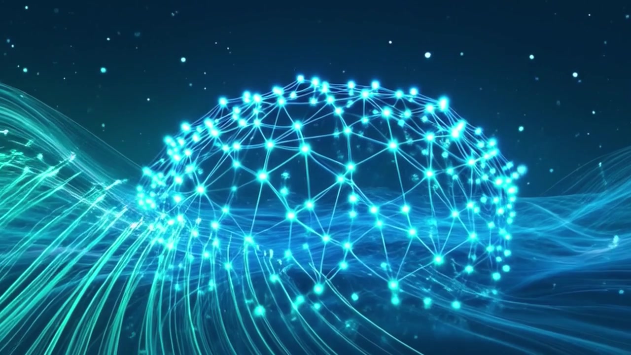Abstract Digital Network Sphere Forming with Flowing Light Waves