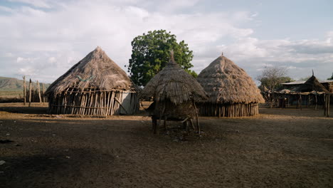 casas tradicionales de madera con techo de paja en el asentamiento de la tribu karo, valle de omo, etiopía