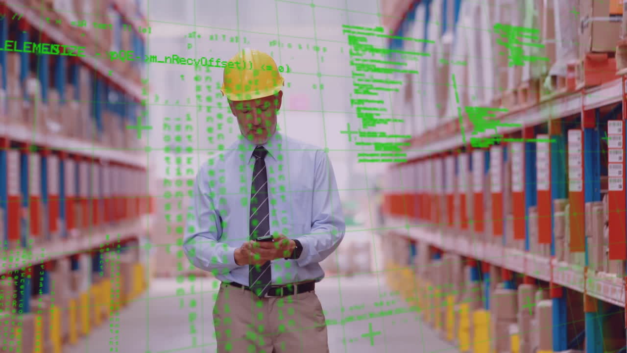 Animation of data processing over man working in warehouse