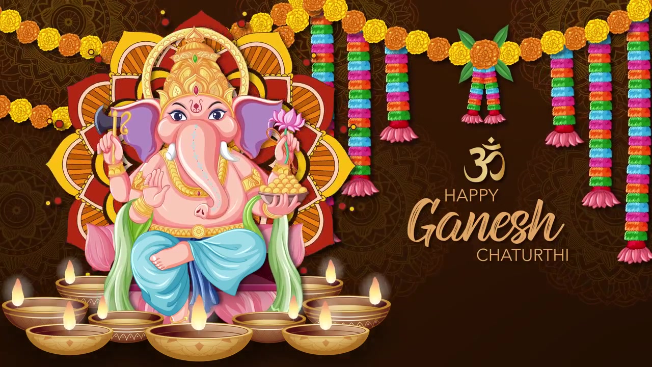 Gráfico vibrante de festival hindu com Ganesha, padrões de mandala e lâmpadas diya brilhantes em fundo marrom