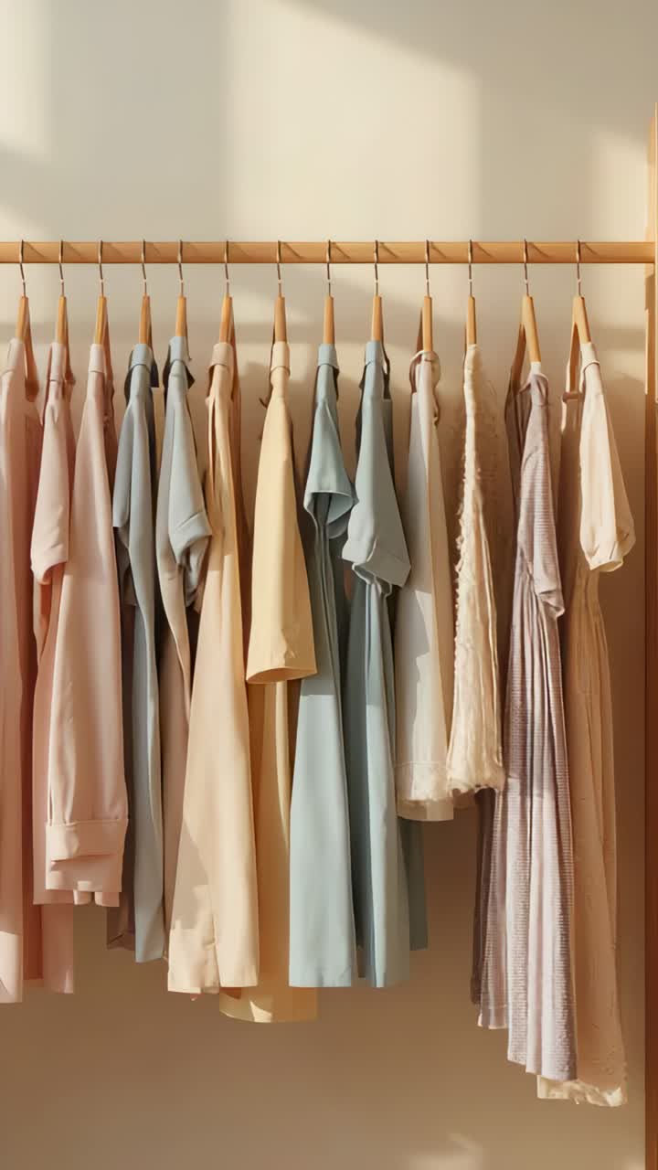 Vertical video: Moving sunlight sliding in studio, nudging wooden rack with hangers and pastels