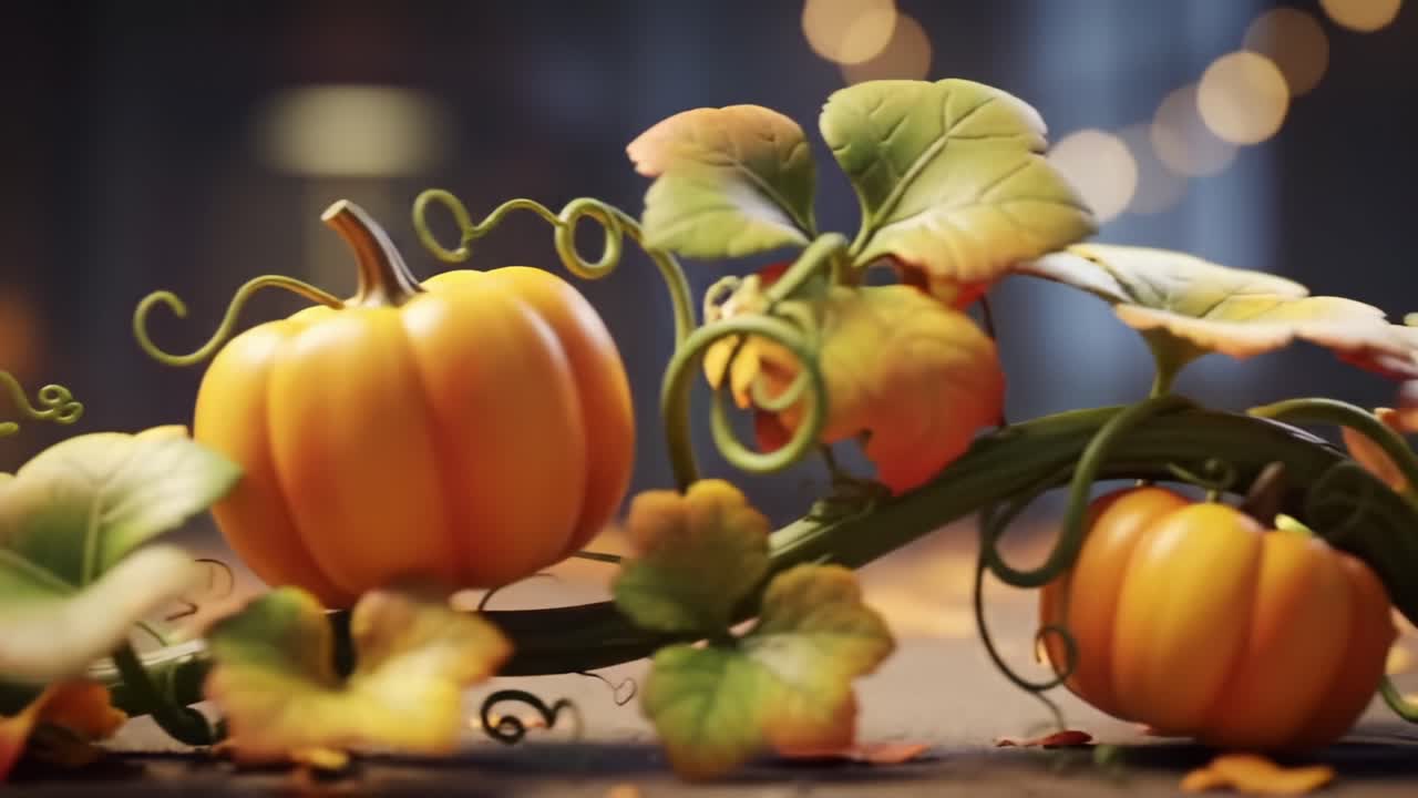 A Beautiful Display of Vibrant Pumpkins and Lush Green Vines Amidst Autumn Leaves, Capturing the Essence of Seasonal Harvest in a Cozy Setting