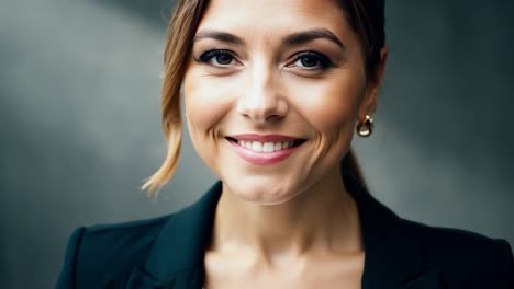 primer plano de una joven mujer de negocios que muestra una sonrisa brillante, revelando dientes blancos. su expresión confiada refleja profesionalismo y éxito en un entorno corporativo