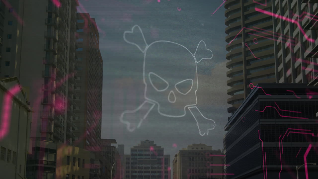 Urban street showing glowing skull and crossbones hovering above skyscrapers in flat design