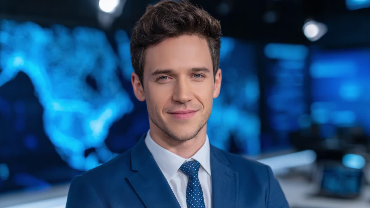 Engaging News Anchor on Set, Exuding Professionalism and Confidence While Presenting Current Events and Information in a Modern Broadcast Studio Environment