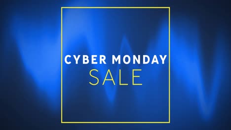 Animation-Des-Textes-„Cyber-Monday-Sale“-Im-Gelben-Quadrat-Auf-Blauem-Und-Schwarzem,-Bewegtem-Hintergrund