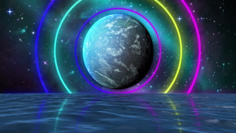 animación de formas coloridas sobre el planeta y el agua en el cielo con estrellas