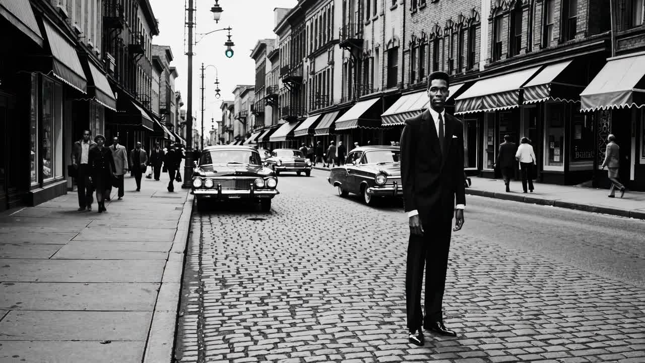 Black and white video still of a man in a suit on a cobblestone street, captured from a low angle