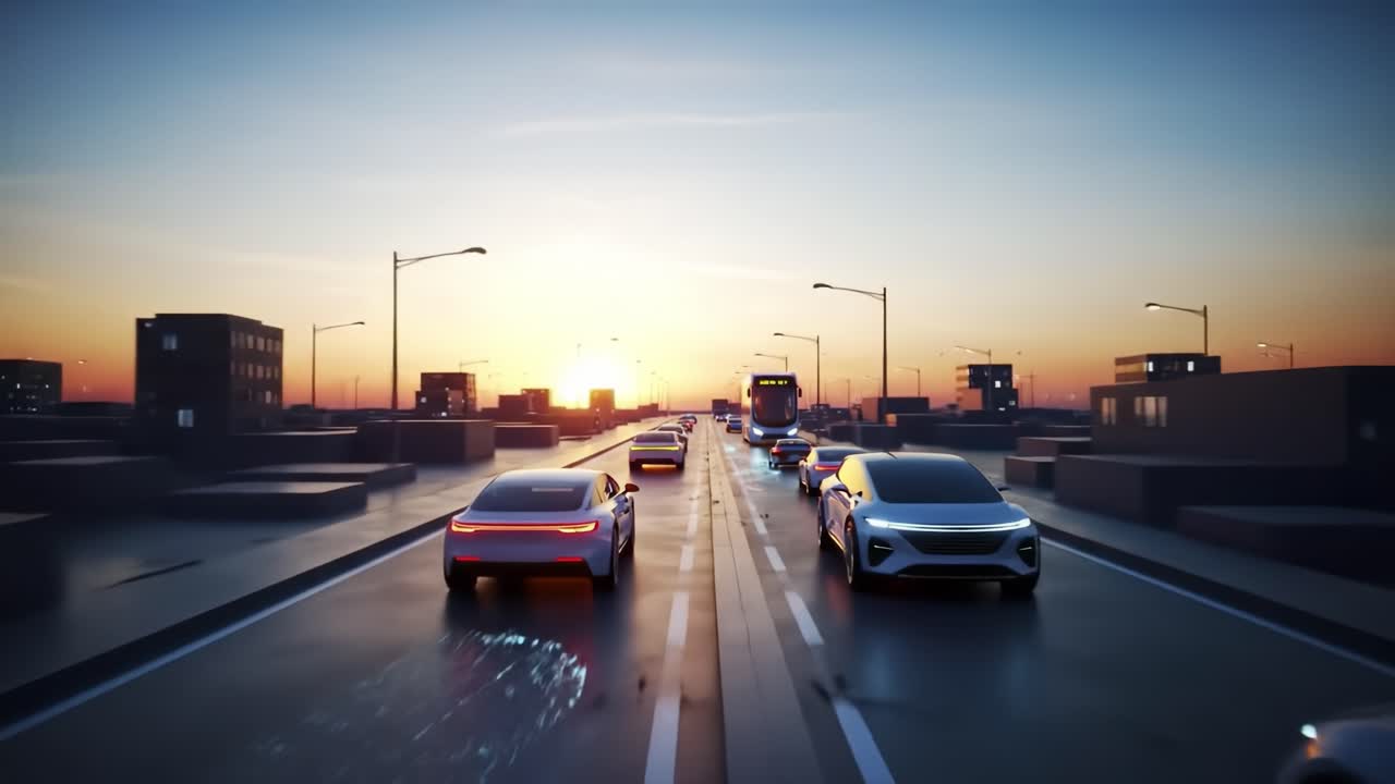 Vehicles glide along a modern urban highway as the sun sets, casting a warm glow over the bustling city. The landscape showcases a blend of architecture and transportation.