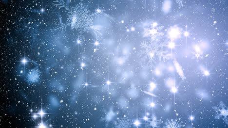 animation of snow falling over christmas snowflakes on blue background