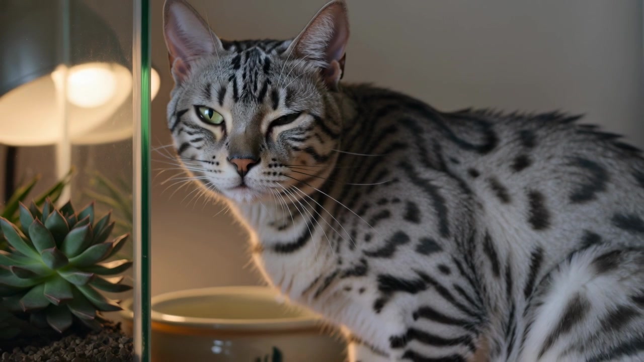 Gato atigrado guiñando un ojo en un estante en casa, reaccionando a la cámara cerca de un divisor de vidrio, una suculenta y una lámpara.