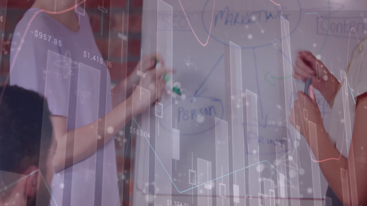 회의에서 비즈니스 사람들에 대한 금융 데이터 처리의 애니메이션