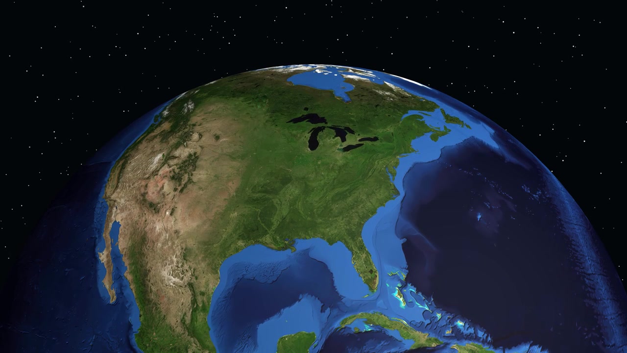 Un globo 3D rotante zooma sull'America del Nord, individuando Owensboro, Kentucky, con sovrapposizioni di dati.